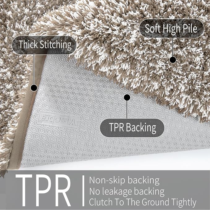Yimobra Fluffy Bathroom Toilet Rug Set, 24x17+24x20, Light Brown and White | Soft Absorbent Microfiber Bath Mat Set, Non Slip, Machine Washable Quick Dry, Plush Shaggy Shower Rugs for Bathroom Floor