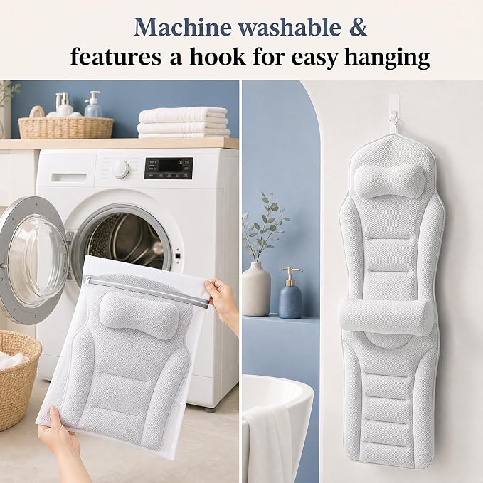 Full Body Bath Pillow for Bathtub, Adjustable Bathtub Pillows for Head and Neck Support, Extra Long Thick Bathtub Cushion with 192 Non-Slip Power Suction Cups, Spa Present Bath Pillow (52" x 17")