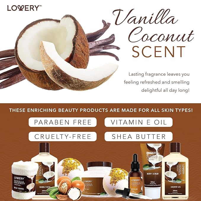 Gifts For Women Gift Basket for Women– 9 Piece Set of Vanilla Coconut Home Spa Set, Luxurious Gifts for Her, Bath and Body Sets Includes Fragrant Lotions, Large Bath Bombs, Coconut Oil