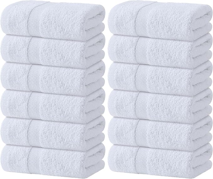 White Hand Towels Set for Bathroom, 12 Pack - Cotton Hand Towel Set for Gym, Kitchen and Spa, 16x27 Inches Soft Highly Absorbent Quick Dry Terry Salon Towels