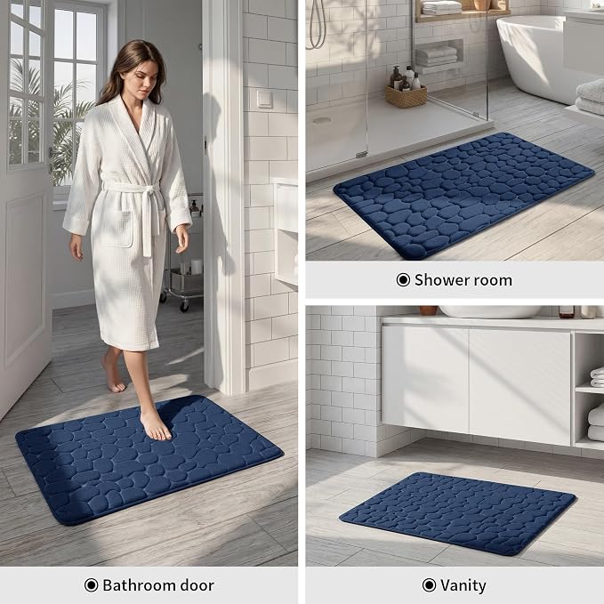 YIHOUSE Memory Foam Bath Mat Cobblestone Bathroom Rugs Super Water Absorbent Bath Mats for Bathroom Machine Washable Bath Rugs(24 x 36,Dark Blue)