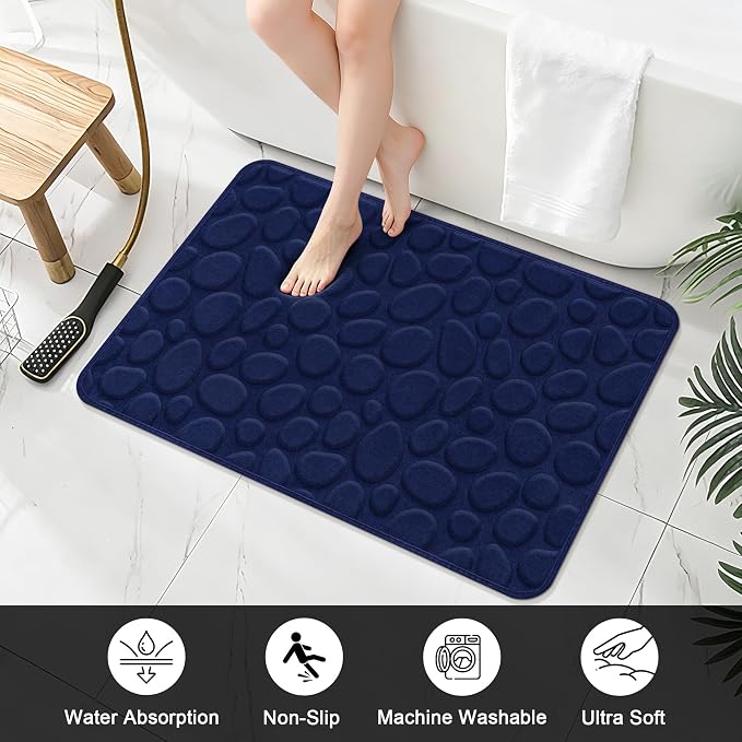 Stone Bath Mats, Non-Slip Memory Foam Bath Rugs, 24x36 DarkBlue | TPR Rubber Backing,Ultra Soft,Highly Absorbent,Machine Washable,Quick Dry for Tub and Shower, Home Decor Accessories