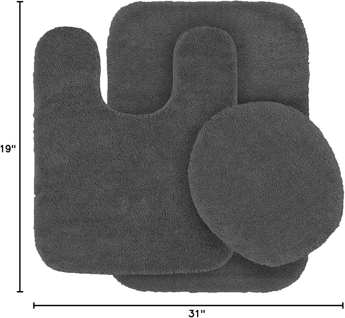 3pc Solid Non Slip Soft Bath Rug Set for Bathroom U-Shaped Contour Rug, Mat and Toilet Lid Cover New# Angela (Charcoal)