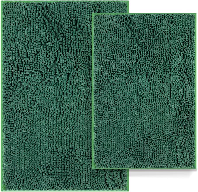 Luxury Bathroom Rug Mat 24x16+20x32, Extra Soft and Absorbent Chenille Bath Rugs, Plush Shaggy Bathroom Carpet, Non-Slip Bathtub Mat, Bath Mats for Bathrooms Floor, Tub and Shower, Deep Green