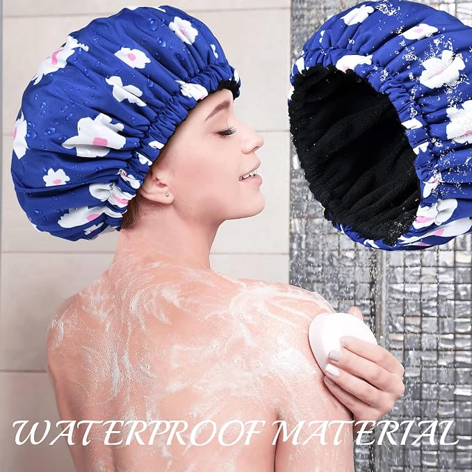 Shower Cap for Women Terry Lined Bath Cap Large Reusable Waterproof Elastic Band Blue Shower Caps for Long Thick Hair Soft Bath Shower Hair Caps