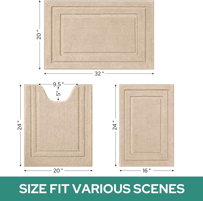 HOMEIDEAS Beige Bathroom Rugs Set of 3, Non Slip Bath Mats | Super Absorbent, Plush Microfiber, Machine Washable, Stain Resistant, Easy Care, Perfect for Modern Bathroom Decor