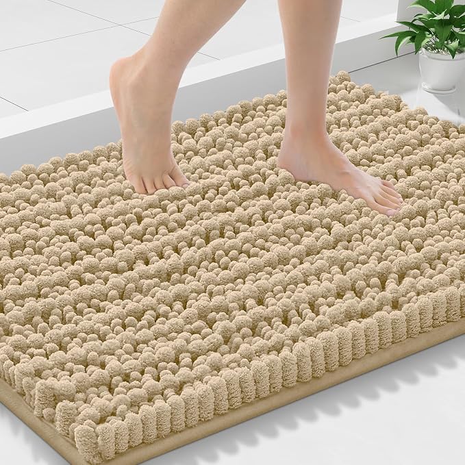 Smiry Bathroom Rugs 30X18, Extra Soft Rubber Backing Chenille Bath Mats | Beige Machine Washable Non Slip Quick Dry Bath Mats for Bathroom Floor, Tub, Shower, Home Decor Accessories