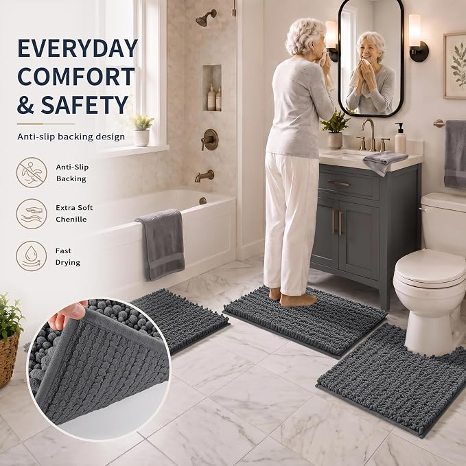 Yimobra Bathroom Rug Set 3 Piece, Super Absorbent Bath Mat Set, Dark Gray | Quick Dry Soft Chenille Bath Rugs & Toilet Rug, Non Slip Machine Washable, Extra Thick Shaggy Floor Mat for Shower Tub Sink