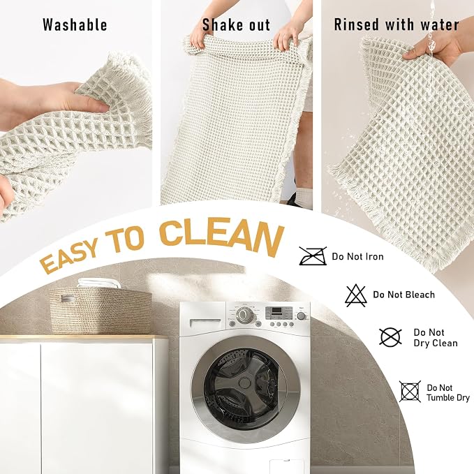 JIUZHEN Set of 2 Waffle Bath Mats Boho Bath Rugs 16"x24"+20"x32", Ivory | Non Slip, Super Absorbent, Washable, Ultra Soft, Fast Drying Waffle Bathroom Rugs for Bathroom Floor, Tub, Shower