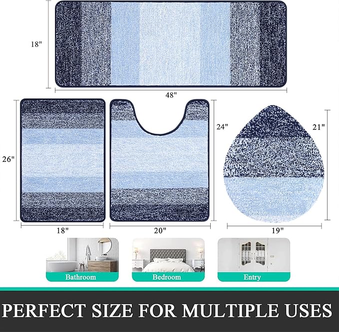 Bsmathom Bathroom Rug Set 4 Piece, Plush Microfiber Bath Mat, Navy Blue | Extra Water Absorbent, Non Slip Washable Runner Bath Rugs with Toilet Lid Cover and U-shaped Contour Toilet Mat