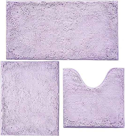 Bathroom Rugs Chenille Bath mat 3 Piece Set, Super Absorbent, Strong PVC Non Slip Backing, Bath mats for Bathroom, Plush Shaggy, Thick, Machine Washable, Bathtub, Toilet, Lavender