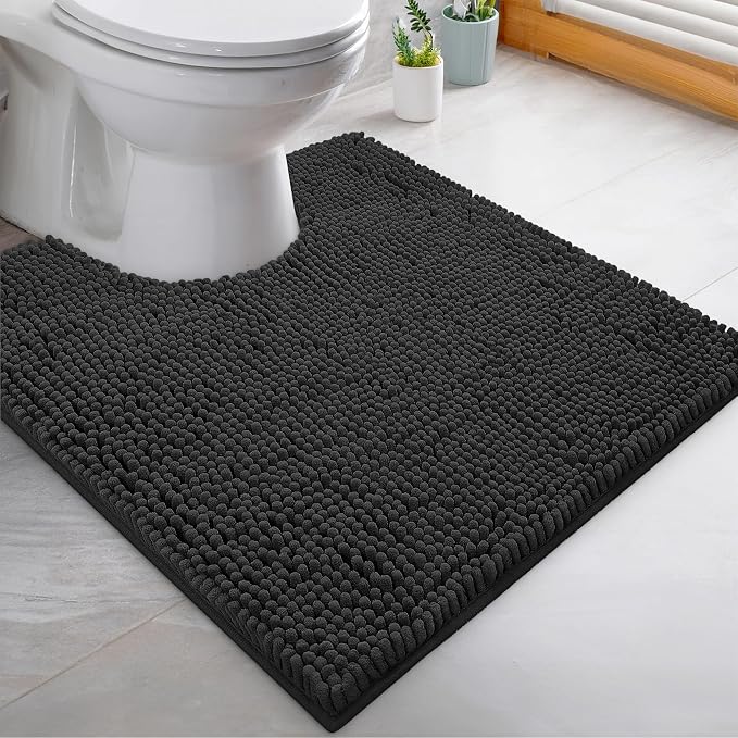 LuxUrux 4-Piece Bathroom Rug Set - Soft Chenille Mats, Non-Slip Toilet Mat & Lid Cover for Comfort & Style (20x20 U, 16x24, 20x30 & 19x19 inches, Black)