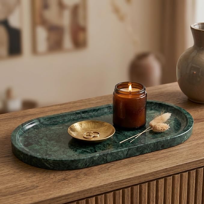 YKAJO Jade Green Oval Marble Tray, 11.8x5.9 Vanity Perfume Organizer Dish | Honed natural stone; jewelry & trinket dish, ring & key holder, soap & candle catchall; bath counter, dresser, coffee table