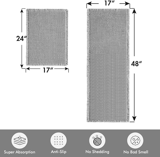 MIULEE Set of 2 Waffle Bathroom Rugs Light Grey Bath Mat 17"x24"+17"x48" | Non Slip, Super Absorbent, Washable, Ultra Soft, Rubber Backed, Small Boho Bath Rug and Bathroom Runner for Floor Tub Shower