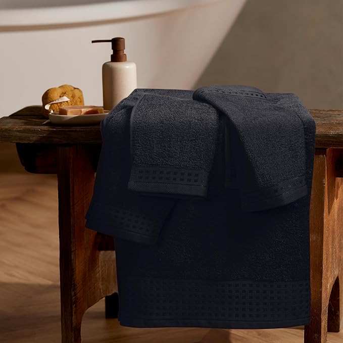 GLAMBURG Ultra Soft 3 Pack Cotton Towel Set, Contains a Bath Towel 28x55 inch, a Hand Towel 16x24 inch & a Wash Coth 12x12 inch, Ideal Everyday use, Compact & Lightweight - Black