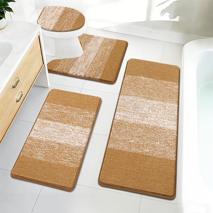 Bsmathom Bathroom Rugs Sets 4 Piece, Soft Absorbent Microfiber Bath Rugs with U-Shaped Contour Toilet Rug and Toilet Lid Cover, Thick Non-Slip Plush Shaggy Bath Mat Set,Turmeric