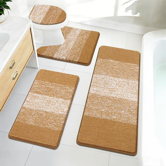 Bsmathom Bathroom Rugs Sets 4 Piece, Soft Absorbent Microfiber Bath Rugs with U-Shaped Contour Toilet Rug and Toilet Lid Cover, Thick Non-Slip Plush Shaggy Bath Mat Set,Turmeric