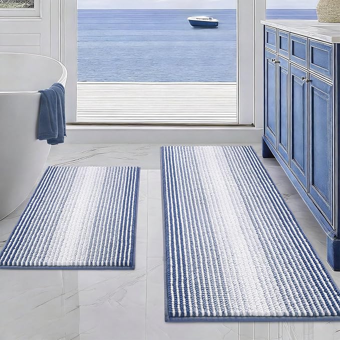 BSICPRO Bathroom Rugs Sets 2 Piece, Non Slip Striped Bath Mats, Denim Blue | 20"x47" Plus 16"x24", Soft Absorbent Chenille, Quick Dry Machine Washable, Shower Rug for Bathroom Floor, Tub, Bedroom Decor