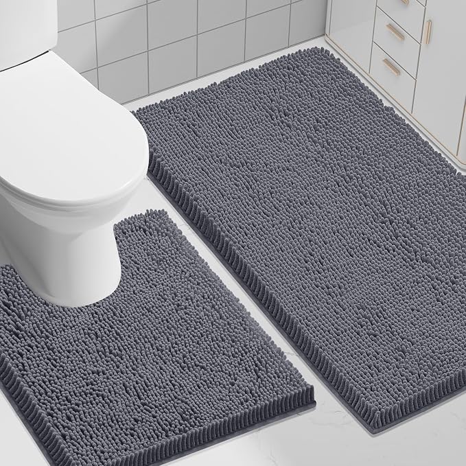 Smiry Bathroom Rugs Sets 2 Piece (30x20+ U Shape 24x20, Charcoal Grey) | Soft Absorbent Machine Washable Non Slip Shaggy Bath Rug Set for Tub, Shower, and Floor, Home Decor