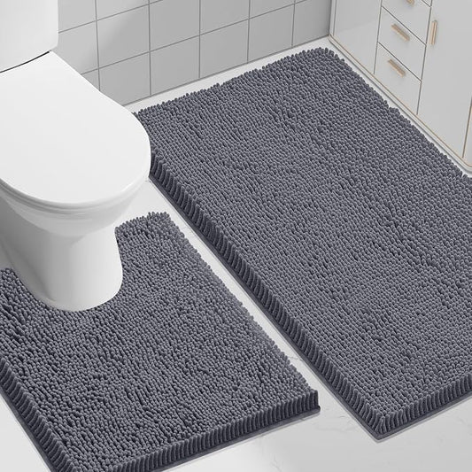 Smiry Bathroom Rugs Sets 2 Piece (30x20+ U Shape 24x20, Charcoal Grey) | Soft Absorbent Machine Washable Non Slip Shaggy Bath Rug Set for Tub, Shower, and Floor, Home Decor