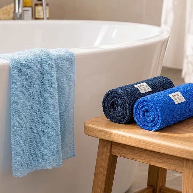 Exfoliating Washcloth Towel- Exfoliating Body Scrubber Exfoliator, Back Scrubber for Shower Bath, Exfoliate Rags Wash Cloths, Loofah Lufa Sponge,Dark Navy Blue + Dark Blue + Blue