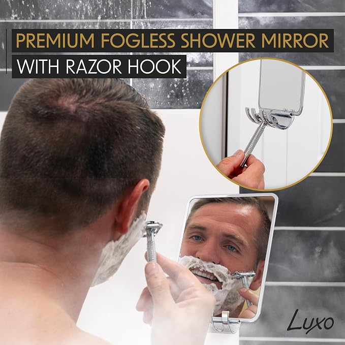 Luxo Shower Mirror, Shower Mirror fogless for Shaving with a Removable Razor Holder - Shaving Mirror for Shower with a Powerful Suction Cup - Shatterproof fogless Mirror for Shower (Chrome)