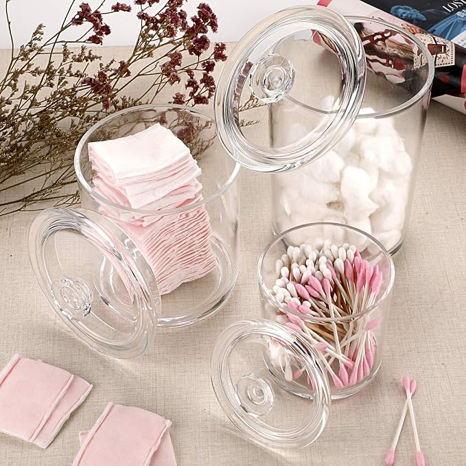 Hipiwe Clear Plastic Apothecary Jars with Lid, Large Size Bathroom Storage Canister Jar Cotton Ball and Swab Organizer Q-Tips Holder, 60-Ounce, 30-Ounce and 15-Ounce, Set of 3 (Pack of 2)