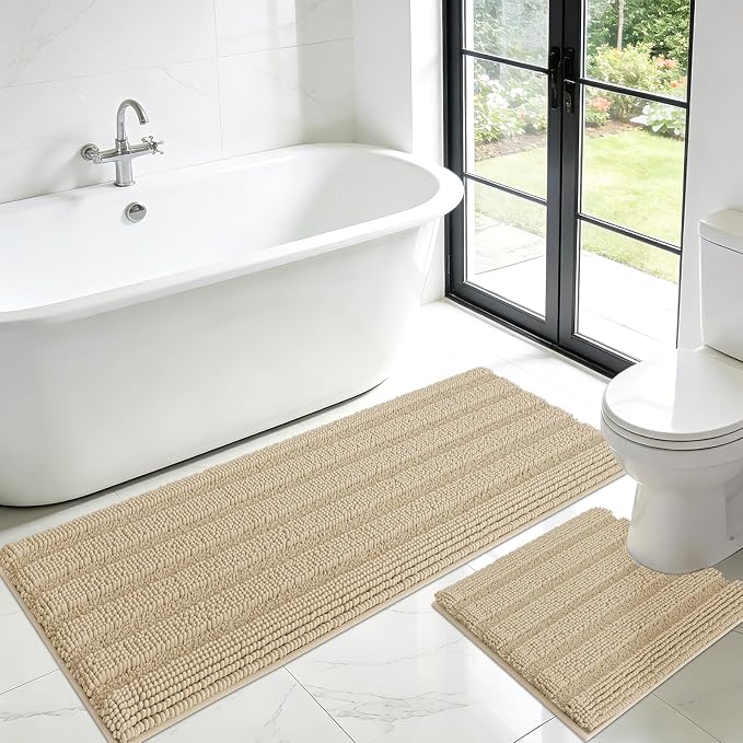 ACCUMTEK Striped Beige Toilet Bathroom Rug Mat Set 2 piece Rug Ultra Soft, Non Slip Chenille Bath Rugs, Absorbent Plush Shaggy Bath Mats for Bathroom, Bedroom, Kitchen, Shower, Tub