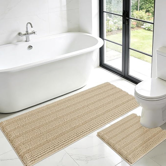 ACCUMTEK Striped Beige Toilet Bathroom Rug Mat Set 2 piece Rug Ultra Soft, Non Slip Chenille Bath Rugs, Absorbent Plush Shaggy Bath Mats for Bathroom, Bedroom, Kitchen, Shower, Tub