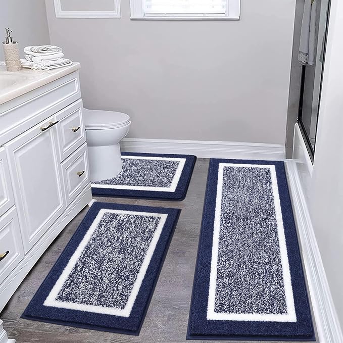 Pauwer Bathroom Rug Sets 3 Piece, Non Slip Washable Bath Mat, Navy | Soft Plush Microfiber, Super Absorbent Floor Carpet, U Shaped Toilet Mats, Quick Dry, Shaggy Shower Rugs Runners