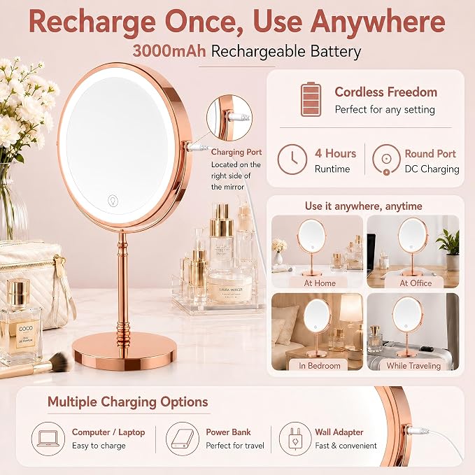 DEIOVWXS Makeup Mirror, Rechargeable Vanity Mirror with 3 Lights, 1X/10X | Adjustable Brightness, 3000mAh, Double-Sided, Gift for Mom, Women, Wife, Girls, Dorm Room Essential
