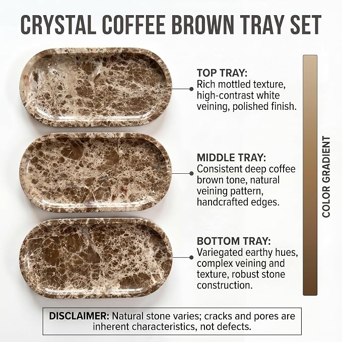 YKAJO Crystal Coffee Brown Oval Marble Tray, 9.8x4.7 Vanity Organizer Dish | Honed natural stone; jewelry & trinket dish, ring & key holder, soap & candle catchall; bath counter, dresser, coffee table