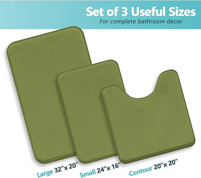 Green Bathroom Set Extra Soft Memory Foam Bath Mat Sets 3 Piece Non Slip Absorbent & Dry Living Mat Sets Washable Bath Carpets with Toilet Rug,Bath Rugs for Bathroom,Tub,Shower,Kitchen,Bedroom
