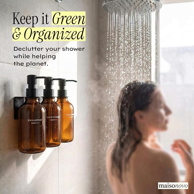Shampoo and Conditioner Dispenser Wall Mounted Set of 3 Amber Black - No Drill Shower Soap Dispenser for Bathroom Refillable - Spa Hotel Style Accessories by MaisoNovo | No Drill Wall Mount - Shower Soap Dispenser · Holds Body Wash or Hand Soap · Wall ...