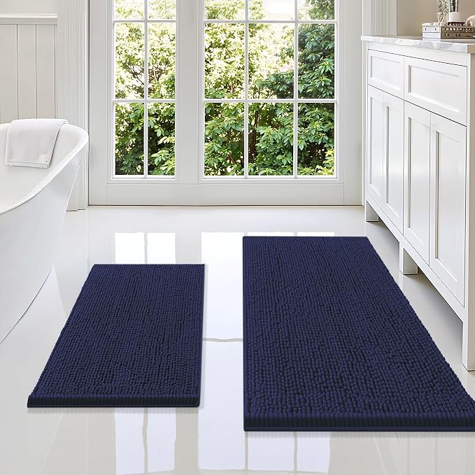Smiry Chenille Bathroom Rugs Sets 2 Piece (36x24+24x16, Navy Blue) | Soft Absorbent Machine Washable Non Slip Shaggy Bath Rug Set for Tub, Shower, and Floor, Home Decor