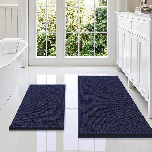 Smiry Chenille Bathroom Rugs Sets 2 Piece (36x24+24x16, Navy Blue) | Soft Absorbent Machine Washable Non Slip Shaggy Bath Rug Set for Tub, Shower, and Floor, Home Decor