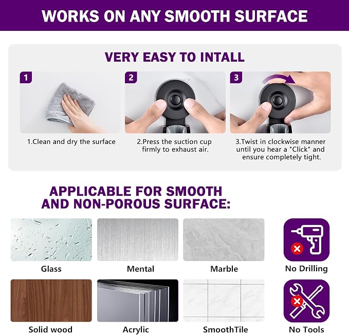 JOMOLA Adjustable Shower Head Holder with Suction Cup, Universal Handheld Shower Bracket for Different Wall, Matte Black Stainless Steel Relocatable Shower Caddy for Family