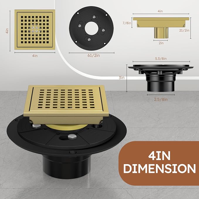 4 Inch Gold Square Shower Drain Kit with Flange,Modern Floor Drain with Removable Quadrato Pattern Grate,Stainless Steel SUS 304
