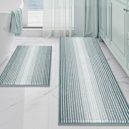 BSICPRO Bathroom Rugs Sets 2 Piece, Non Slip Striped Bath Mats, Sea Green | 20"x60" Plus 20"x32", Soft Absorbent Chenille, Quick Dry Machine Washable, Shower Rug for Bathroom Floor, Tub, Bedroom Decor