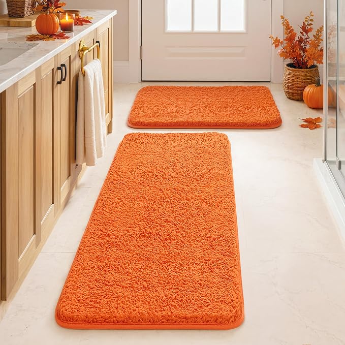 MIULEE Fall Orange Bathroom Rugs Set 2 Piece Soft Bath Mats 16x24+16x48 in | Soft Absorbent Microfiber Bath Rugs, Non Slip, Quick Dry, Fluffy Bath Rugs for Bathroom Floor Tub Showers, Machine Washable