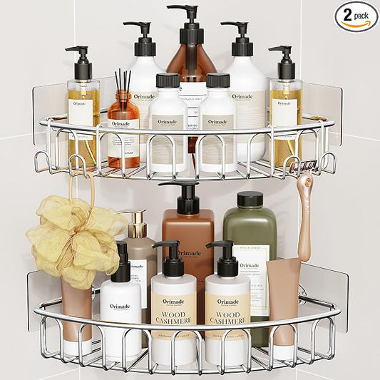 Orimade Corner Shower Caddy Stainless Steel with Hooks Wall Mounted Bathroom Shelf Storage Organizer Adhesive No Drilling 2 Pack, Silver Only for 90-Degree Corner