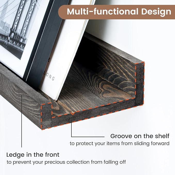 FLYJOE Picture Ledge Wall Shelves 16 inch Width Set of 2, Solid Pine Wood Rustic Floating Ledge Shelves for Wall for Kids' Room Bedroom Kitchen Bathroom Living Room Nursery Display Wall Decor, Grey