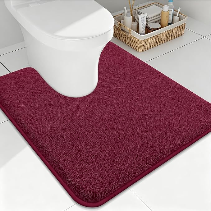 Smiry Memory Foam Toilet Rugs U Shaped 24x24, Extra Soft Bath Mat | Burgundy Quick Dry, Machine Washable Bath Mats for Bathroom, Shower, Tub and Home Decor Accessories