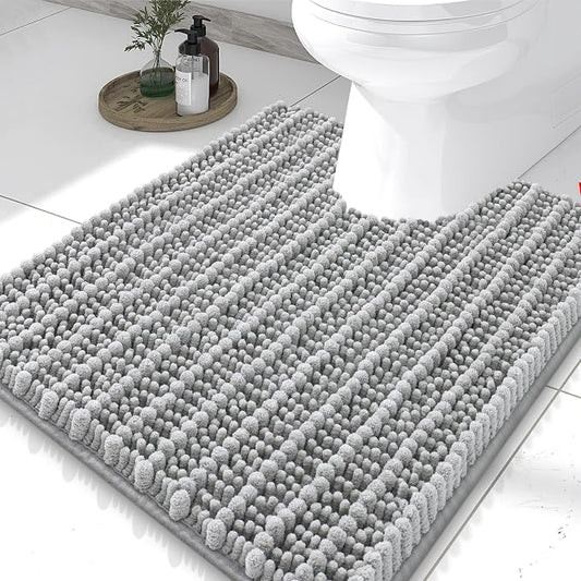 Smiry Bathroom Toilet Rugs U Shaped 24X20, Chenille Bath mats for Toilet | Light Grey Extra Soft Absorbent Non Slip Rubber Backing Contour Bath Rugs for Toilet, Machine Washable Contoured Bath Mats