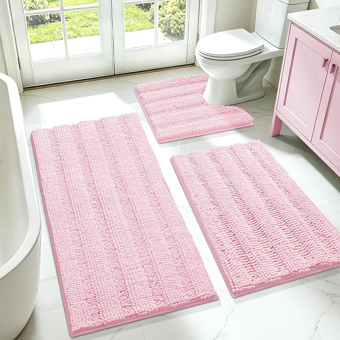 ACCUMTEK Christmas Striped Pink Bathroom Rug Set 3 Pieces Ultra Soft, Non Slip Chenille Toilet Mat, Absorbent Plush Shaggy Bath Mats for Bathroom, Bedroom, Kitchen