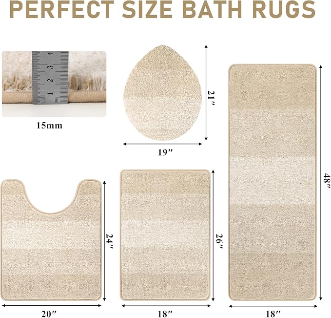 Bsmathom Bathroom Rug Set 4 Piece, Plush Microfiber Bath Mat, Light Beige | Extra Water Absorbent, Non Slip Washable Runner Bath Rugs with Toilet Lid Cover and U-shaped Contour Toilet Mat
