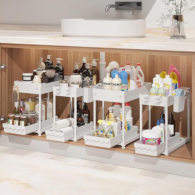 Sevenblue Under Sink Organizer, Bathroom Organizers and Storage, 2 Tier Multi-Use Pull Out Cabinet Organizer with Hang Hooks and Cups (White, 12.8 Inch)
