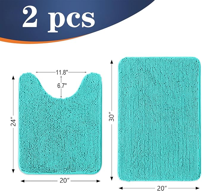 OLANLY Chenille Bathroom Rugs Mats Sets 2 Piece, 30"x20"+24"x20", Teal | Soft Absorbent Bath Mat and U-Shaped Contour Toilet Rug Set, Quick Dry, Machine Washable Bath Carpet, Home Decor Accessories