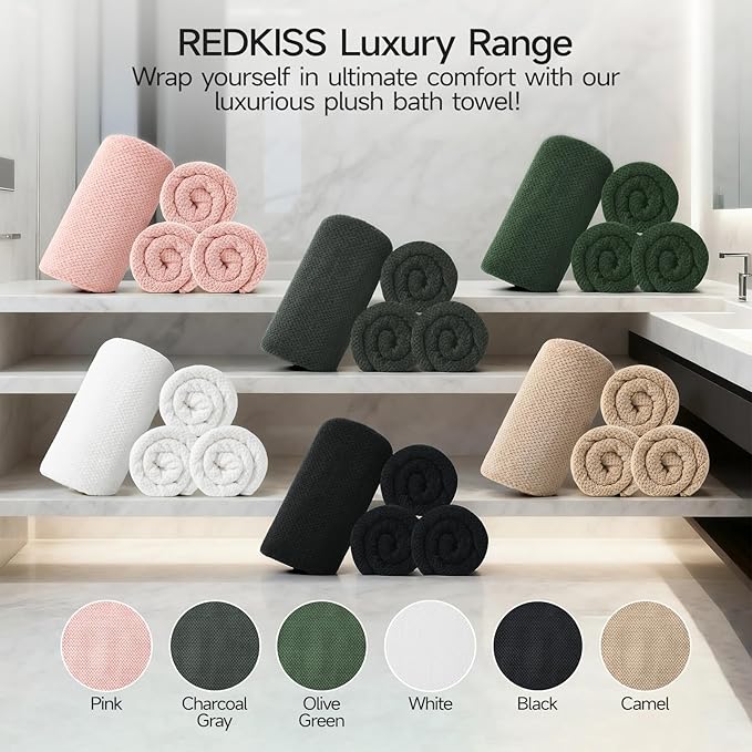 REDKISS 4 Pack Premium Bath Towels, Plush Coral Fleece Towels for Bathroom, Extra Large Bath Towels Set of 4 (35 x 70 in), Super Soft Highly Absorbent Shower Towels for Spa, Gym, Travel, Dark Gray
