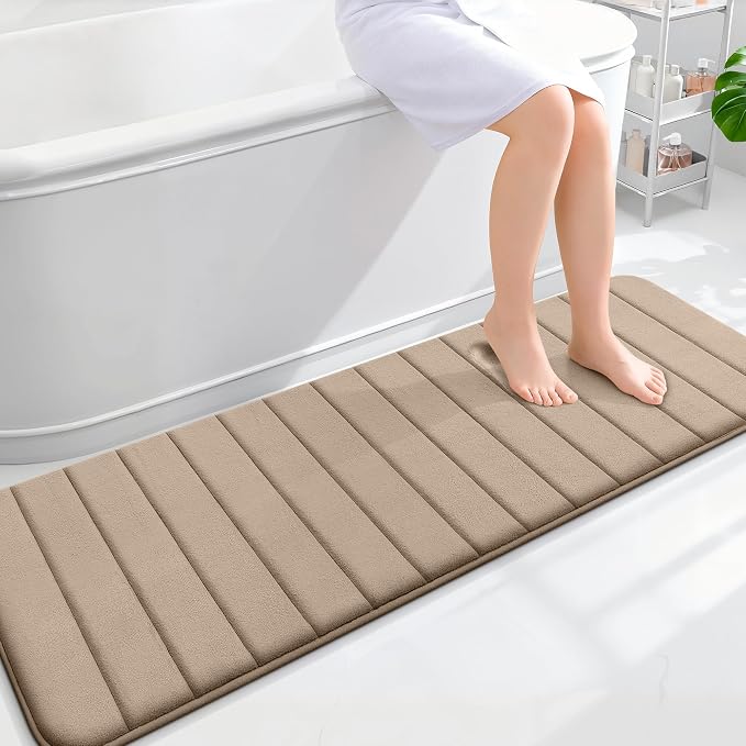 OLANLY Memory Foam Long Bathroom Rugs Runner 59x20, Super Soft Absorbent | Tan, Quick Dry Bath Mat, Machine Washable Shower Floor Rugs, Bathmat Carpet for Bathroom Floor, Tub and Shower